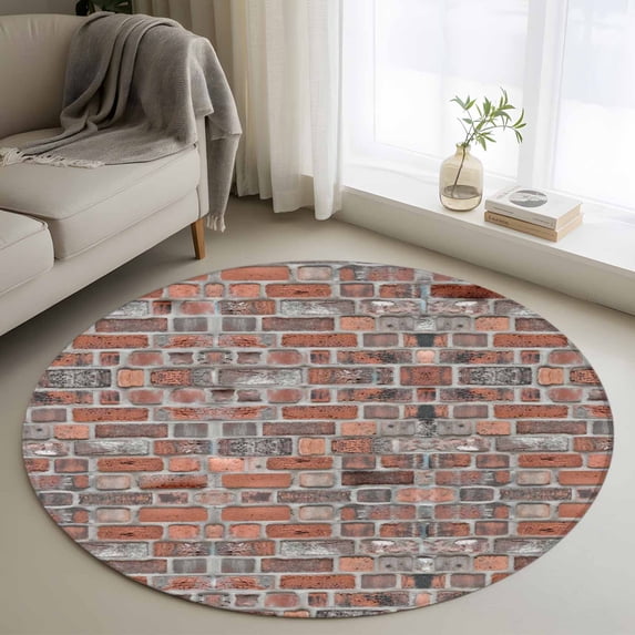 Round Rugs 3Ft, Red Brick Wall Round Area Rug Washable Indoor Throw Carpet, Vintage Farmhouse Stone Rocks Geometric Print Small Non Slip Circle Rug for Bedroom Living Room Home Decor Aesthetic