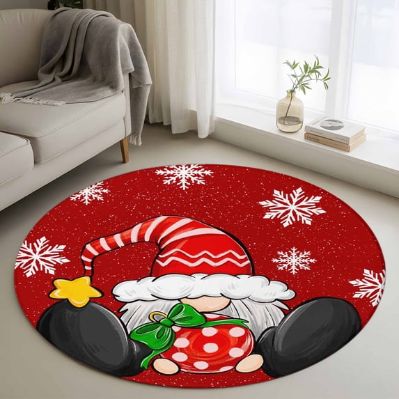 Round Rugs 3Ft, Red Gnomes Christmas Round Area Rug Washable Indoor Throw Carpet, Snowflake Xmas Balls Small Non Slip Circle Rug for Bedroom Living Room Home Decor Aesthetic