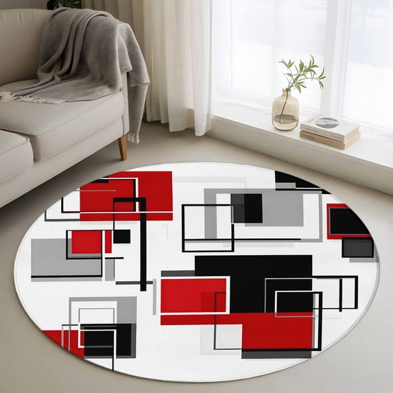 Round Rugs 3Ft, Red Grey Black Round Area Rug Washable Indoor Throw Carpet, Irregular Abstract Modern Geometric Small Non Slip Circle Rug for Bedroom Living Room Home Decor Aesthetic