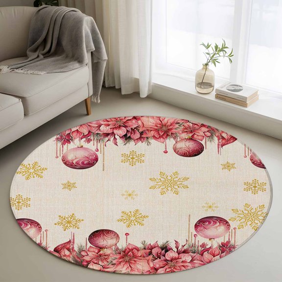 Round Rugs 3Ft, Red Pink Christmas Balls Round Area Rug Washable Indoor Throw Carpet, Xmas Poinsettia Yellow Snowflake Rustic Small Non Slip Circle Rug for Bedroom Living Room Home Decor Aesthetic
