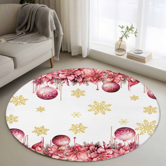 Round Rugs 3Ft, Red Pink Christmas Balls Round Area Rug Washable Indoor Throw Carpet, Xmas Poinsettia Yellow Winter Snowflake Small Non Slip Circle Rug for Bedroom Living Room Home Decor Aesthetic
