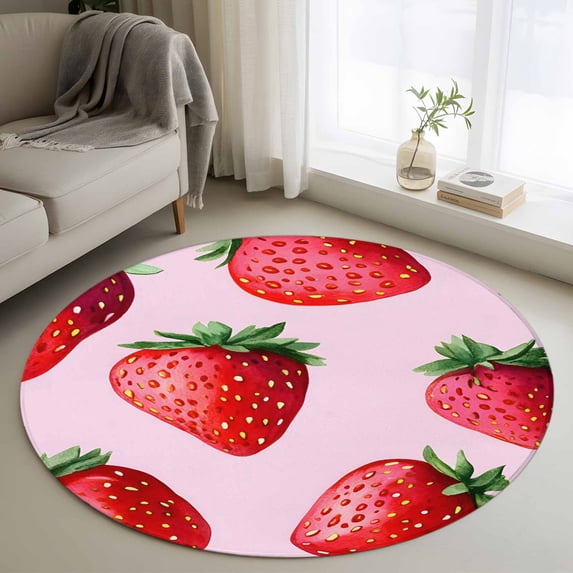 Round Rugs 3Ft, Red Pink Strawberry Round Area Rug Washable Indoor Throw Carpet, Spring Summer Botanical Watercolor Small Non Slip Circle Rug for Bedroom Living Room Home Decor Aesthetic