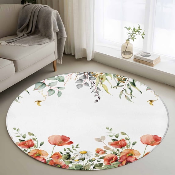 Round Rugs 3Ft, Red Poppy Round Area Rug Washable Indoor Throw Carpet, Spring Farmhouse Country Flower Leaf Plant Small Non Slip Circle Rug for Bedroom Living Room Home Decor Aesthetic