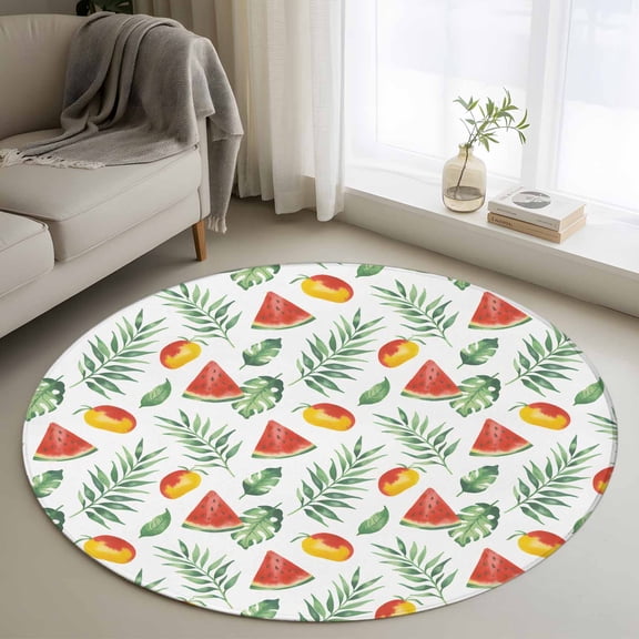 Round Rugs 3Ft, Red Watermelon Round Area Rug Washable Indoor Throw Carpet, Green Tropical Plants Summer Fruit Mango Small Non Slip Circle Rug for Bedroom Living Room Home Decor Aesthetic