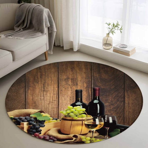 Round Rugs 3Ft, Red Wines Round Area Rug Washable Indoor Throw Carpet, Champagne Grapes Galsses Country Wooden Plank Small Non Slip Circle Rug for Bedroom Living Room Home Decor Aesthetic