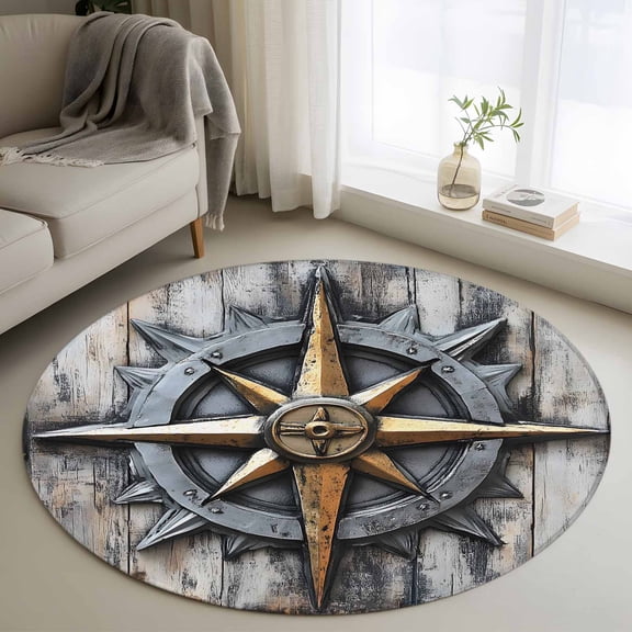 Round Rugs 3Ft, Retro Coastal Round Area Rug Washable Indoor Throw Carpet, Nautical Ocean Compass Summer Beach Small Non Slip Circle Rug for Bedroom Living Room Home Decor Aesthetic