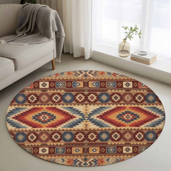 Round Rugs 3Ft, Retro Southwest Round Area Rug Washable Indoor Throw Carpet, Boho Aztec Tribal Abstract Geometric Small Non Slip Circle Rug for Bedroom Living Room Home Decor Aesthetic