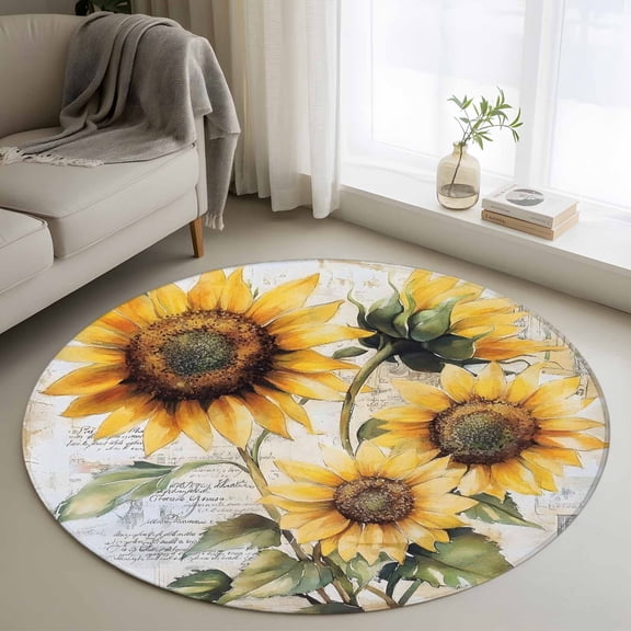 Round Rugs 3Ft, Retro Sunflower Floral Round Area Rug Washable Indoor Throw Carpet, Spring Botanical Flowers Small Non Slip Circle Rug for Bedroom Living Room Home Decor Aesthetic