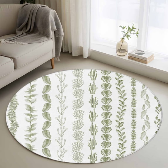 Round Rugs 3Ft, Sage Green Botanical Round Area Rug Washable Indoor Throw Carpet, Modern Farmhouse Tropical Leaves Small Non Slip Circle Rug for Bedroom Living Room Home Decor Aesthetic