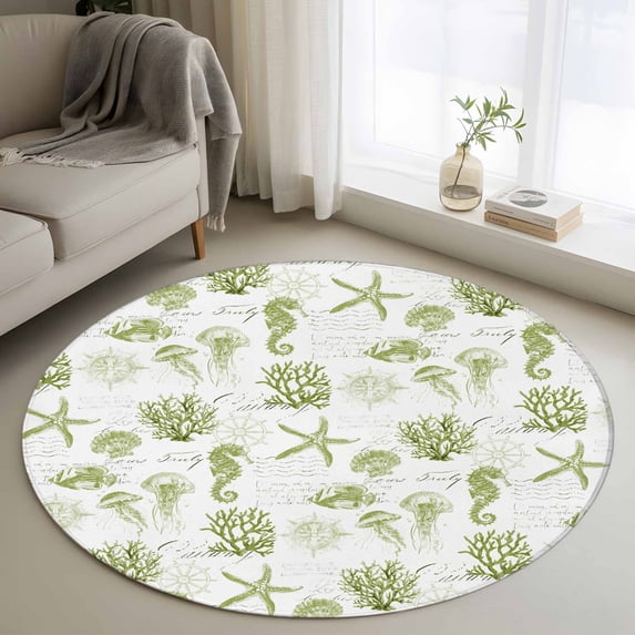 Round Rugs 3Ft, Sage Green Coastal Round Area Rug Washable Indoor Throw Carpet, Starfish Jellyfish Fish Coral Shells Small Non Slip Circle Rug for Bedroom Living Room Home Decor Aesthetic