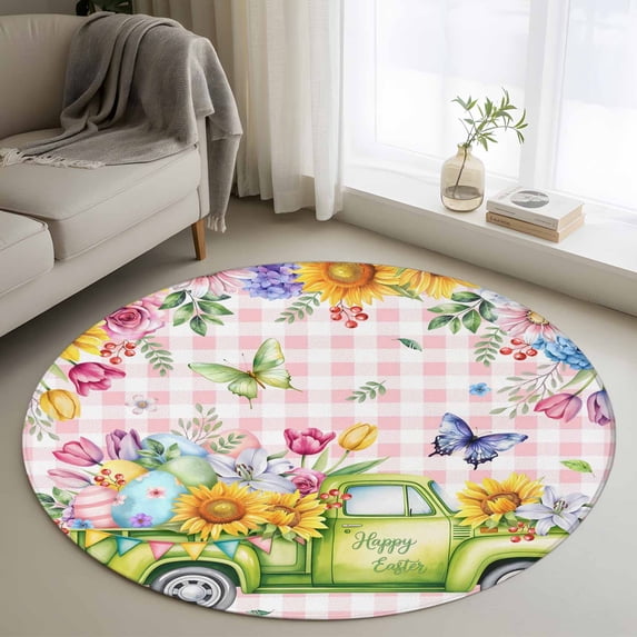 Round Rugs 3Ft, Spring Easter Round Area Rug Washable Indoor Throw Carpet, Colorful Eggs Floral Truck Butterflies Pink Plaid Small Non Slip Circle Rug for Bedroom Living Room Home Decor Aesthetic