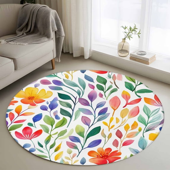 Round Rugs 3Ft, Spring Floral Round Area Rug Washable Indoor Throw Carpet, Colorful Summer Botanical Flowers Abstract Small Non Slip Circle Rug for Bedroom Living Room Home Decor Aesthetic
