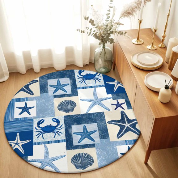 Round Rugs 3Ft, Starfish Coastal Round Area Rug Washable Indoor Throw Carpet, Blue Shell Crab Nautical Summer Beach Ocean Small Non Slip Circle Rug for Bedroom Living Room Home Decor Aesthetic