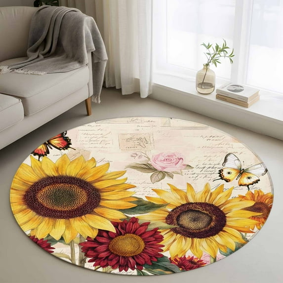 Round Rugs 3Ft, Sunflower Round Area Rug Washable Indoor Throw Carpet, Farmhouse Rose Floral Vintage Butterfly Small Non Slip Circle Rug for Bedroom Living Room Home Decor Aesthetic