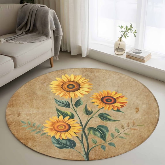 Round Rugs 3Ft, Sunflowers Round Area Rug Washable Indoor Throw Carpet, Farmhouse Vintage Country Floral Plants Small Non Slip Circle Rug for Bedroom Living Room Home Decor Aesthetic