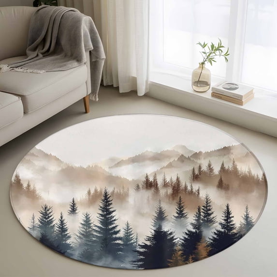 Round Rugs 3Ft, Tan Trees Forest Round Area Rug Washable Indoor Throw Carpet, Mountain Woods Natural Scenery Small Non Slip Circle Rug for Bedroom Living Room Home Decor Aesthetic