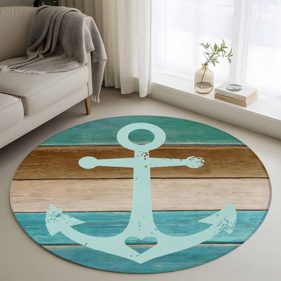 Round Rugs 3Ft, Teal Blue Brown Anchor Round Area Rug Washable Indoor Throw Carpet, Vintage Nautical Coastal Ocean Wooden Small Non Slip Circle Rug for Bedroom Living Room Home Decor Aesthetic