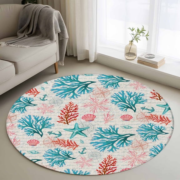 Round Rugs 3Ft, Teal Blue Red Coral Round Area Rug Washable Indoor Throw Carpet, Coastal Nautical Summer Beach Small Non Slip Circle Rug for Bedroom Living Room Home Decor Aesthetic