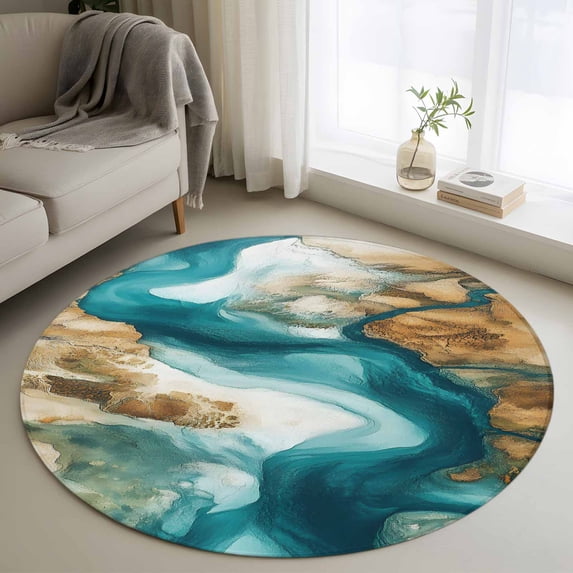Round Rugs 3Ft, Teal Brown Round Area Rug Washable Indoor Throw Carpet, Modern Abstract Art Retro Small Non Slip Circle Rug for Bedroom Living Room Home Decor Aesthetic