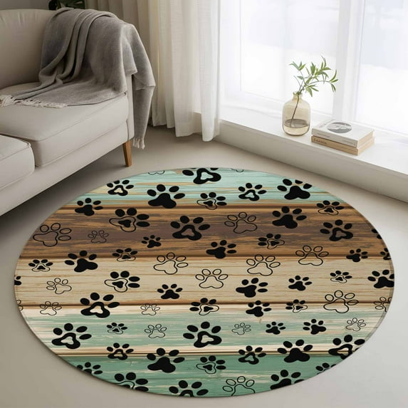 Round Rugs 3Ft, Teal Brown Round Area Rug Washable Indoor Throw Carpet, Pet Paw Printed Farmhouse Dog Claws Wood Grain Small Non Slip Circle Rug for Bedroom Living Room Home Decor Aesthetic