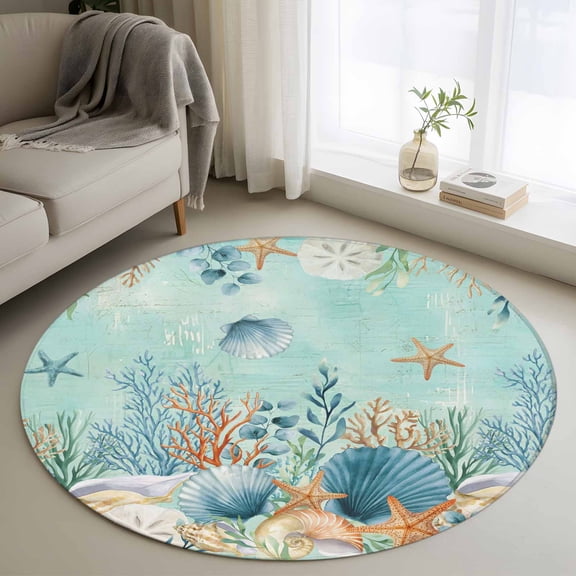 Round Rugs 3Ft, Teal Coastal Round Area Rug Washable Indoor Throw Carpet, Summer Beach Starfish Shell Coral Nautical Small Non Slip Circle Rug for Bedroom Living Room Home Decor Aesthetic