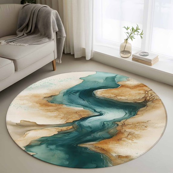 Round Rugs 3Ft, Teal Grey Marble Round Area Rug Washable Indoor Throw Carpet, Modern Abstract Art Small Non Slip Circle Rug for Bedroom Living Room Home Decor Aesthetic
