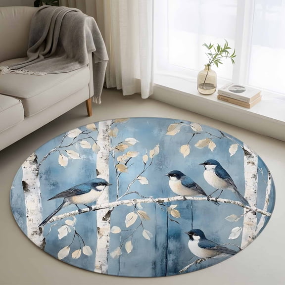 Round Rugs 3Ft, Teal Oil Painting Forest Round Area Rug Washable Indoor Throw Carpet, Vintage Birds Farmhouse Small Non Slip Circle Rug for Bedroom Living Room Home Decor Aesthetic