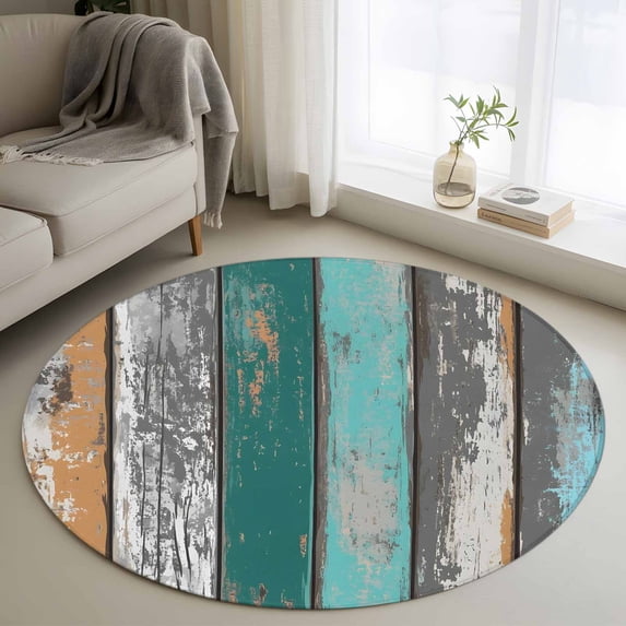 Round Rugs 3Ft, Teal Orange Grey Round Area Rug Washable Indoor Throw Carpet, Farmhouse Vintage Wooden Small Non Slip Circle Rug for Bedroom Living Room Home Decor Aesthetic