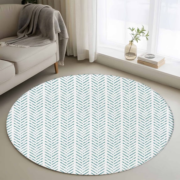 Round Rugs 3Ft, Teal Striped Round Area Rug Washable Indoor Throw Carpet, Modern Abstract Art Geometric Small Non Slip Circle Rug for Bedroom Living Room Home Decor Aesthetic