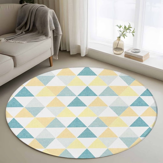 Round Rugs 3Ft, Teal Yellow Geometric Round Area Rug Washable Indoor Throw Carpet, Modern Triangle Abstract Art Small Non Slip Circle Rug for Bedroom Living Room Home Decor Aesthetic
