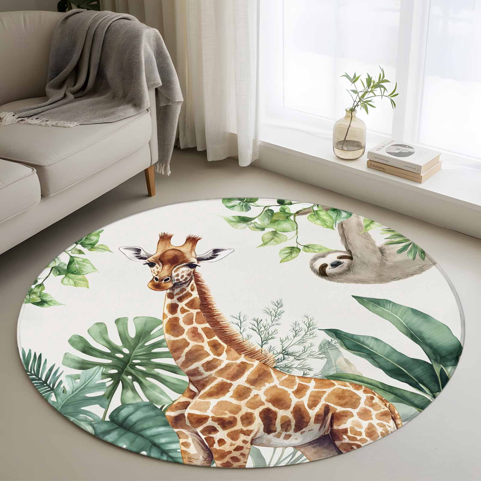 Round Rugs 3Ft, Tropical Giraffe Sloth Round Area Rug Washable Indoor ...