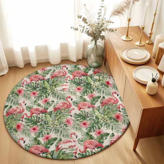 Round Rugs 3Ft, Tropical Pink Flamingo Round Area Rug Washable Indoor Throw Carpet, Summer Palm Trees Botanical Rustic Small Non Slip Circle Rug for Bedroom Living Room Home Decor Aesthetic