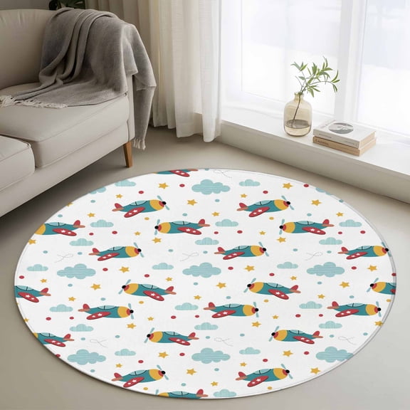 Round Rugs 3Ft, Turquoise Airplane Round Area Rug Washable Indoor Throw Carpet, Modern Art Cartoon Aircraft Clouds Small Non Slip Circle Rug for Bedroom Living Room Home Decor Aesthetic
