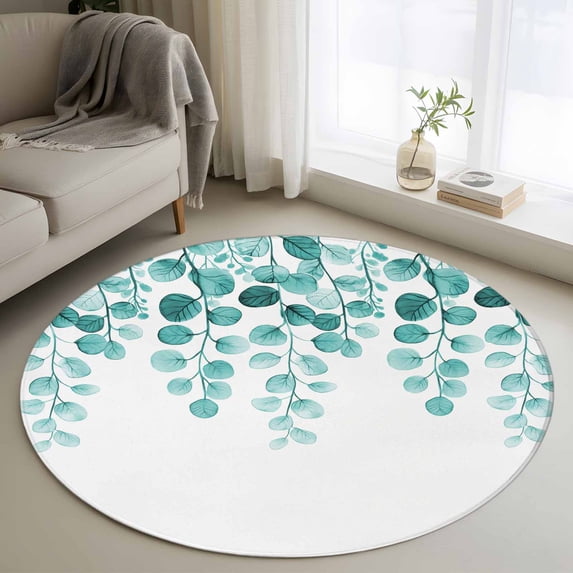 Round Rugs 3Ft, Turquoise Eucalyptus Leaves Round Area Rug Washable Indoor Throw Carpet, Watercolor Floral Leaf Small Non Slip Circle Rug for Bedroom Living Room Home Decor Aesthetic