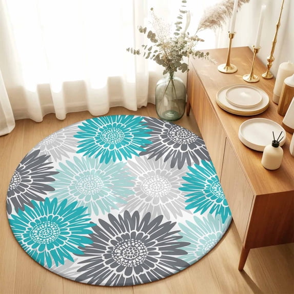 Round Rugs 3Ft, Turquoise Grey Sunflowers Round Area Rug Washable Indoor Throw Carpet, Boho Rustic Floral Vintage Blossom Small Non Slip Circle Rug for Bedroom Living Room Home Decor Aesthetic