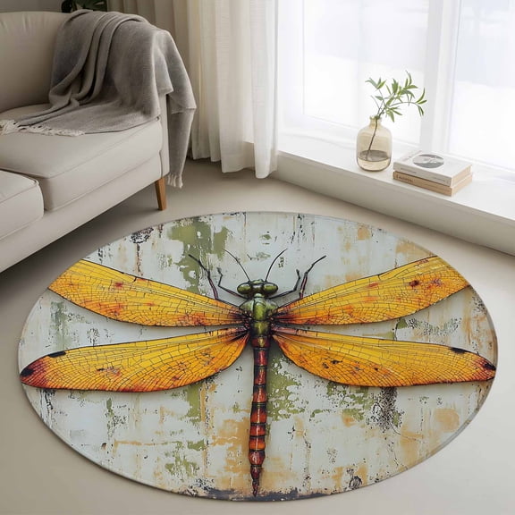 Round Rugs 3Ft, Vintage Dragonfly Round Area Rug Washable Indoor Throw Carpet, Spring Summer Abstract Oil Painting Small Non Slip Circle Rug for Bedroom Living Room Home Decor Aesthetic