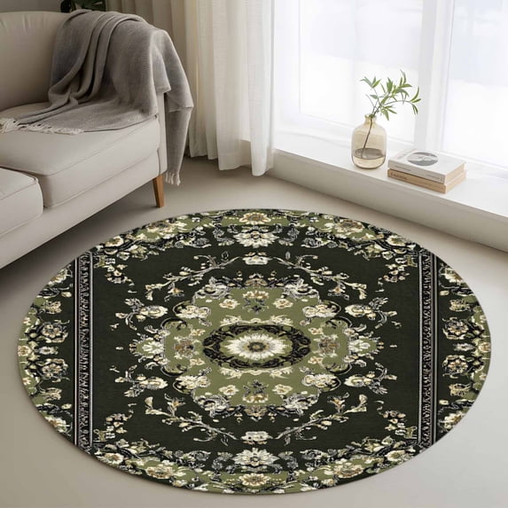 Round Rugs 3Ft, Vintage Green Round Area Rug Washable Indoor Throw Carpet, Southwestern Geometric Abstract Art Small Non Slip Circle Rug for Bedroom Living Room Home Decor Aesthetic