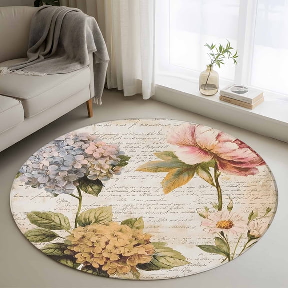 Round Rugs 3Ft, Vintage Hydrangea Floral Round Area Rug Washable Indoor Throw Carpet, Spring Botanical Flowers Small Non Slip Circle Rug for Bedroom Living Room Home Decor Aesthetic