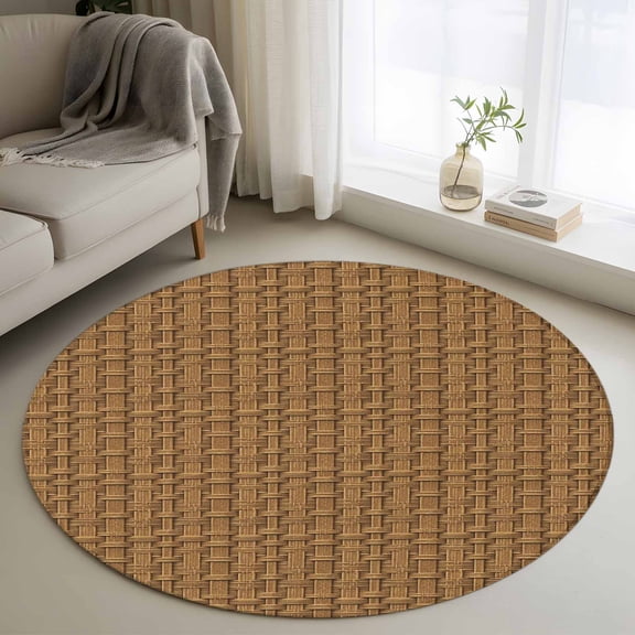 Round Rugs 3Ft, Vintage Rattan Round Area Rug Washable Indoor Throw Carpet, Minimalist Abstract Wicker Texture Brown Small Non Slip Circle Rug for Bedroom Living Room Home Decor Aesthetic