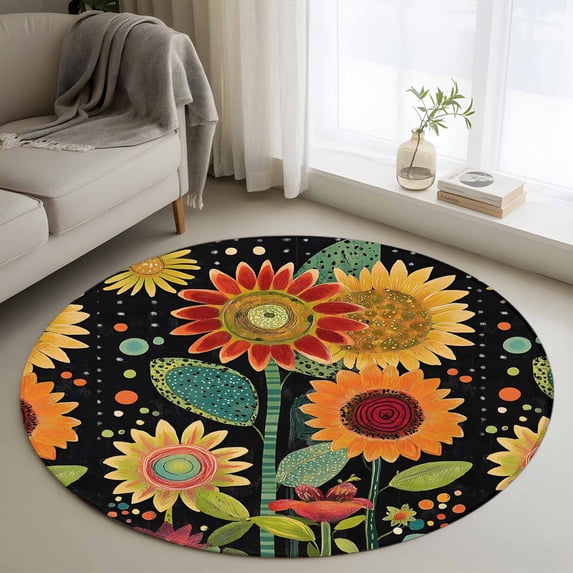 Round Rugs 3Ft, Vintage Sunflower Round Area Rug Washable Indoor Throw Carpet, Black Boho Ethnic Summer Botanical Small Non Slip Circle Rug for Bedroom Living Room Home Decor Aesthetic