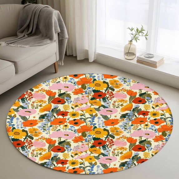 Round Rugs 3Ft, Watercolor Floral Round Area Rug Washable Indoor Throw Carpet, Spring Poppy Daisy Flowers Botanical Beige Small Non Slip Circle Rug for Bedroom Living Room Home Decor Aesthetic