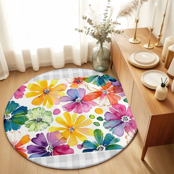 Round Rugs 3Ft, Watercolor Flowers Round Area Rug Washable Indoor Throw Carpet, Summer Colorful Floral Pastoral Grey Plaid Small Non Slip Circle Rug for Bedroom Living Room Home Decor Aesthetic