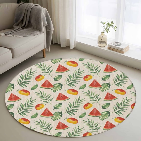 Round Rugs 3Ft, Watermelon Round Area Rug Washable Indoor Throw Carpet, Sage Green Palm Leaves Summer Fruit Mango Small Non Slip Circle Rug for Bedroom Living Room Home Decor Aesthetic