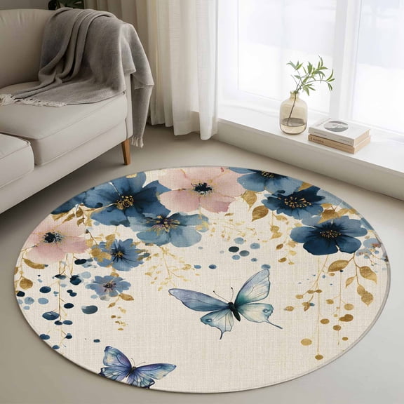 Round Rugs 3Ft, Weeping Blue Floral Round Area Rug Washable Indoor Throw Carpet, Spring Butterflies Flowers Linen Small Non Slip Circle Rug for Bedroom Living Room Home Decor Aesthetic