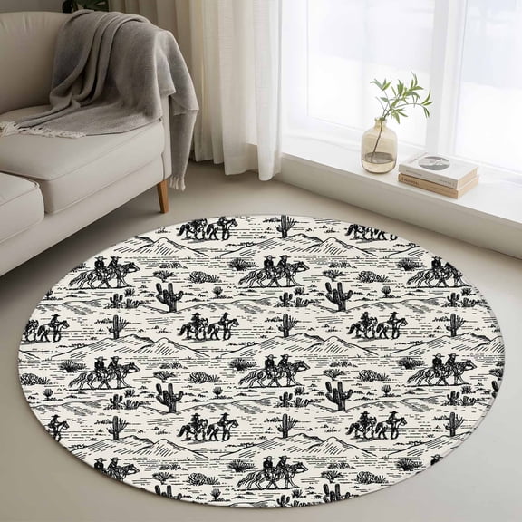 Round Rugs 3Ft, Western Cowboys Round Area Rug Washable Indoor Throw Carpet, Vintage Desert Canyon Cactus Horseshoe Small Non Slip Circle Rug for Bedroom Living Room Home Decor Aesthetic