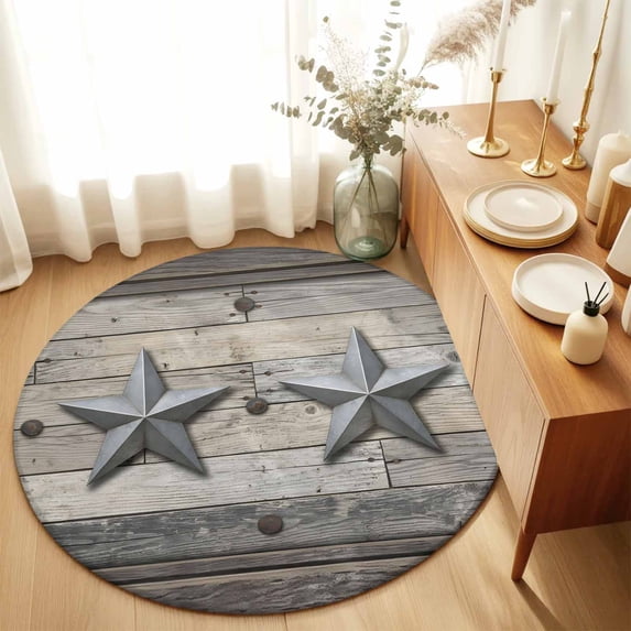 Round Rugs 3Ft, Western Star Grey Round Area Rug Washable Indoor Throw Carpet, Farmhouse Vintage Wooden Striped Country Small Non Slip Circle Rug for Bedroom Living Room Home Decor Aesthetic