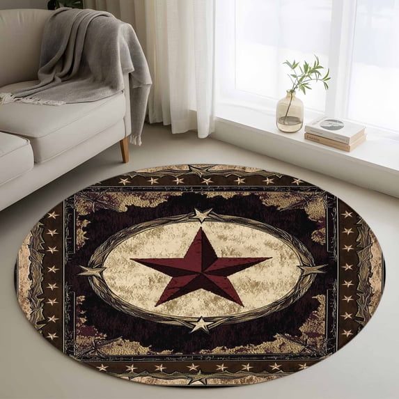 Round Rugs 3Ft, Western Stars Brown Round Area Rug Washable Indoor Throw Carpet, Farmhouse Country Vintage Wood Grain Small Non Slip Circle Rug for Bedroom Living Room Home Decor Aesthetic