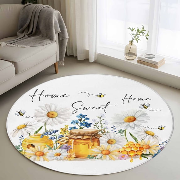 Round Rugs 3Ft, White Daisy Round Area Rug Washable Indoor Throw Carpet, Spring Floral Elegant Farmhouse Botanical Bees Small Non Slip Circle Rug for Bedroom Living Room Home Decor Aesthetic