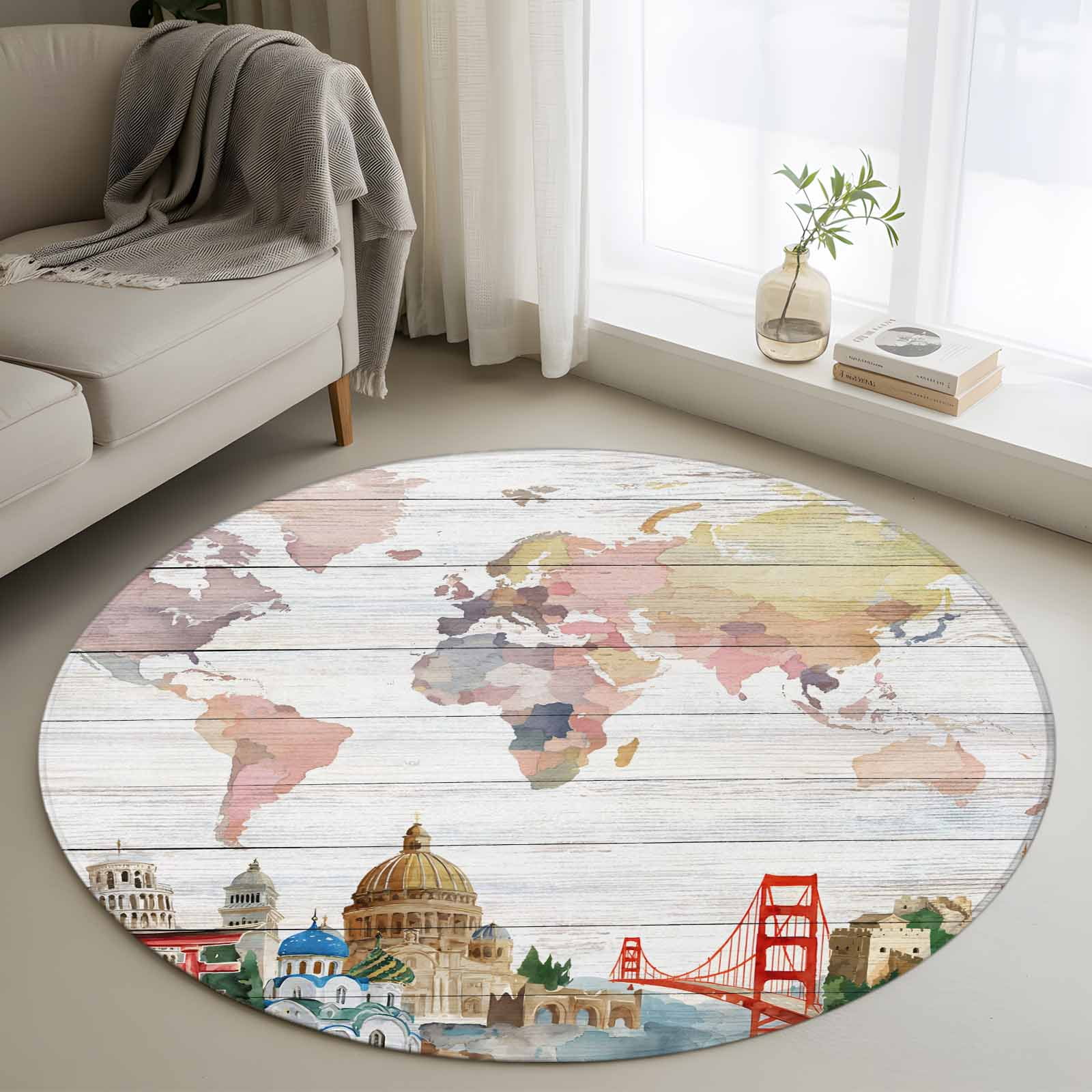 Round Rugs 3Ft, World Map Round Area Rug Washable Indoor Throw Carpet ...
