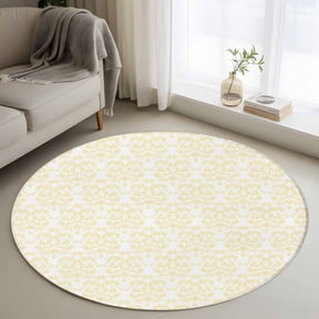 Round Rugs 3Ft, Yellow Baroque Round Area Rug Washable Indoor Throw Carpet, Abstract Art Floral Pattern Small Non Slip Circle Rug for Bedroom Living Room Home Decor Aesthetic
